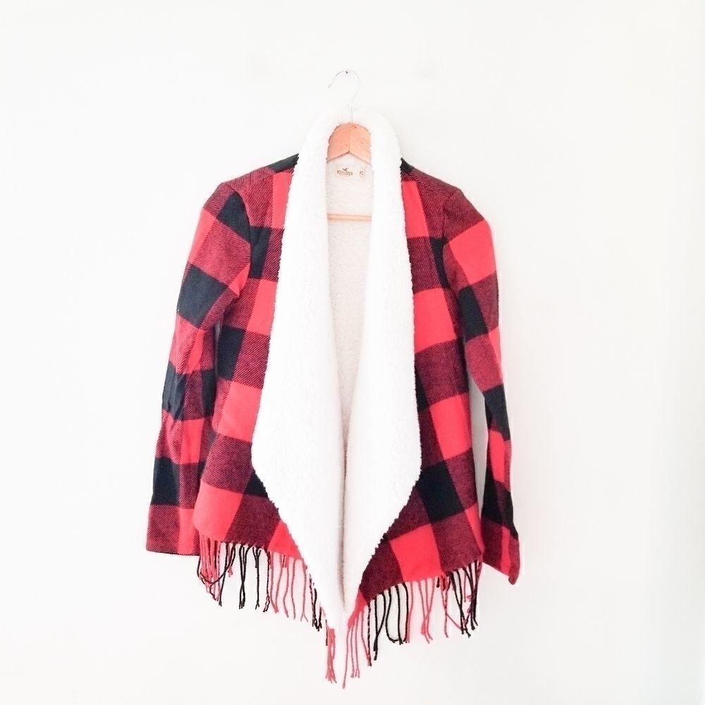 Hollister red/black check plush openfront cardigan